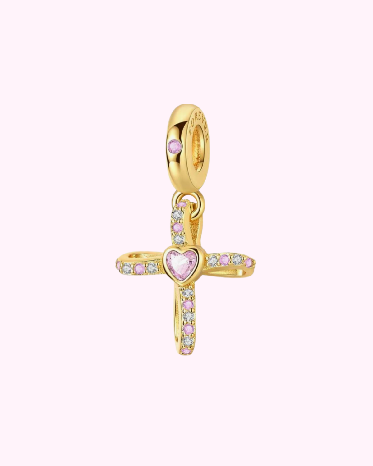Gold cross pink heart hair clip charm