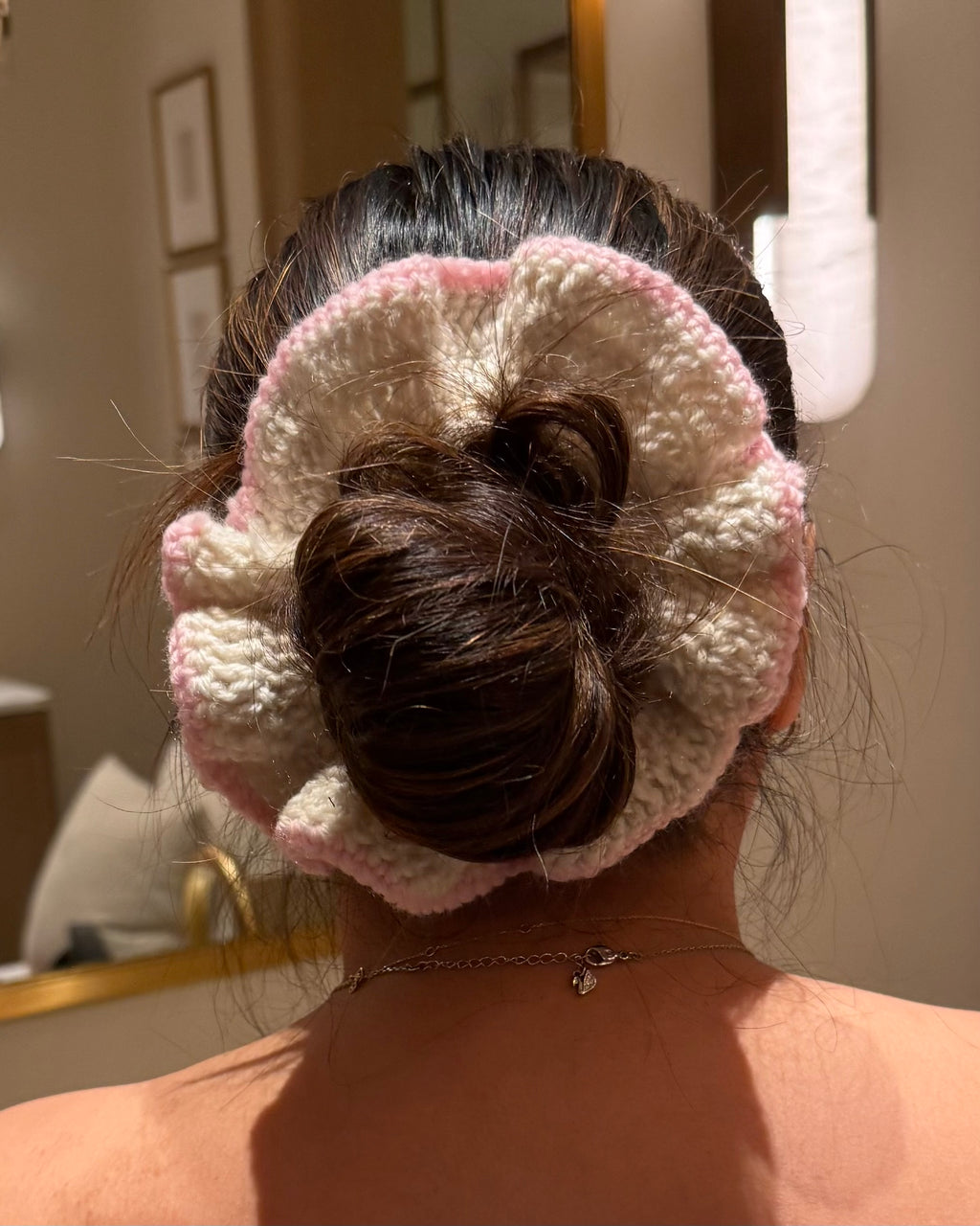 Handmade Knitted Scrunchie · Pink & Beige
