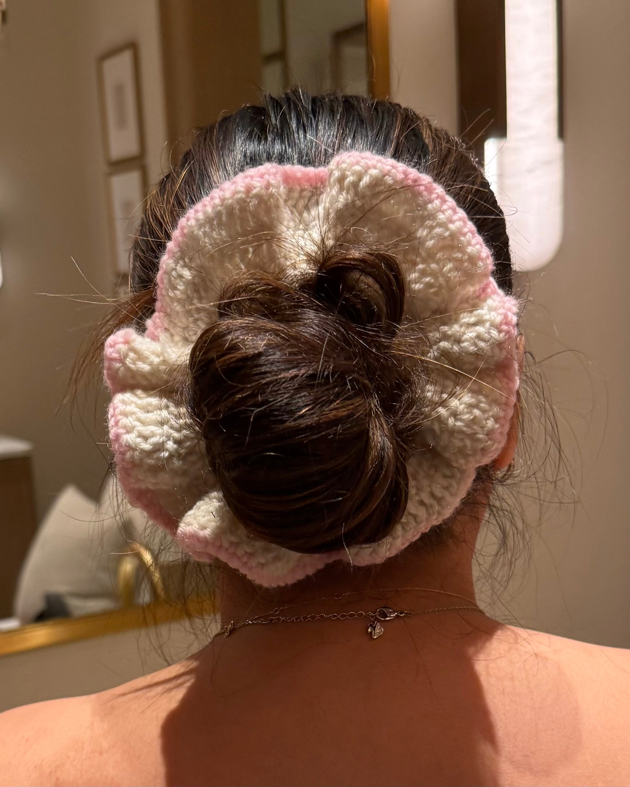 Handmade Knitted Scrunchie · Pink & Beige